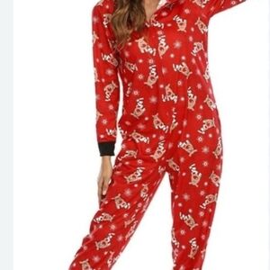 Kids Red Reindeer Hooded Print Onesie Pajamas